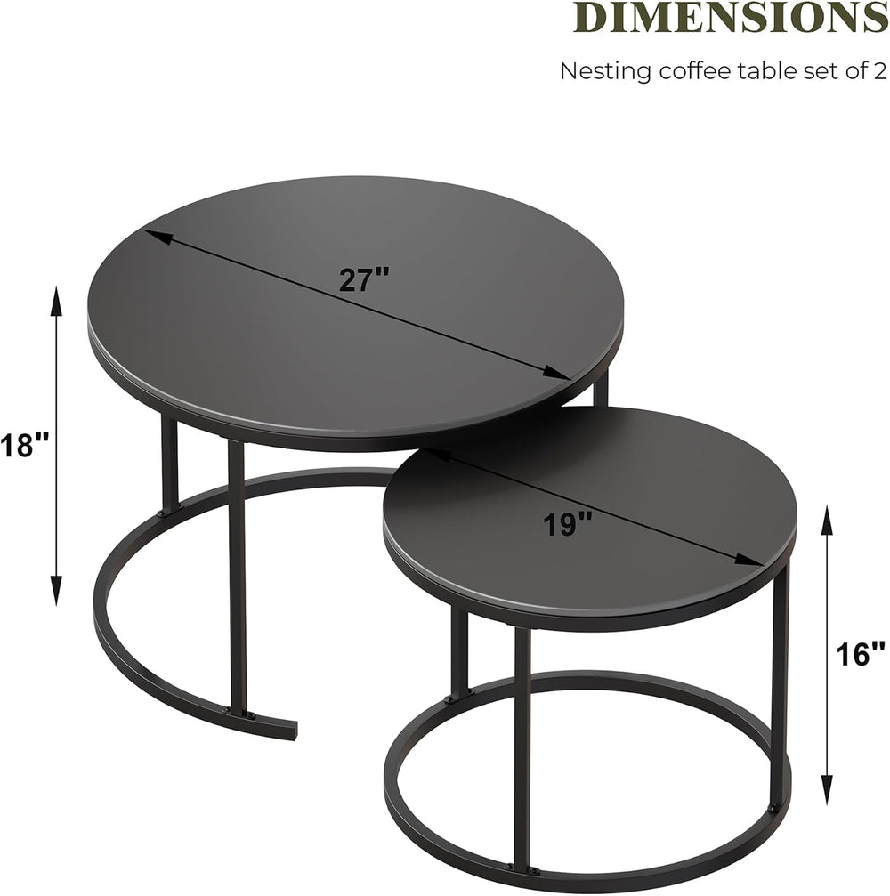 Round Nesting Coffee Table, Black Modern Decorative Coffee Center Table Set o...