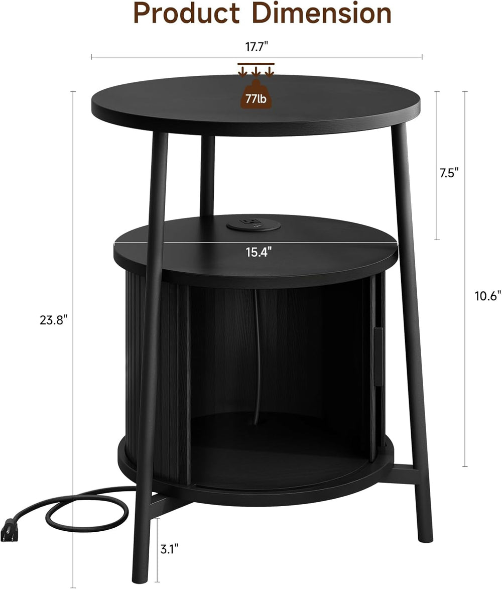 ONBRILL Round Side Table with Storage, Fluted Nightstand with Charging Statio...