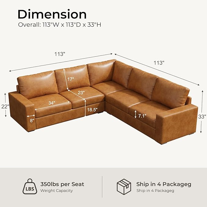 ELUCHANG 113" V-Shaped Modular Sectional Sofa Couch, Modern 5-Seat Premi...