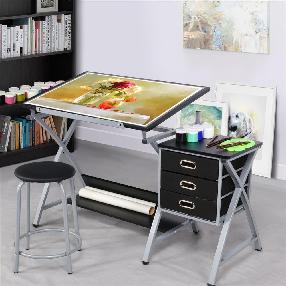 Yaheetech Drafting Table with Storage & Stool, Adjustable Art Drawing Des...
