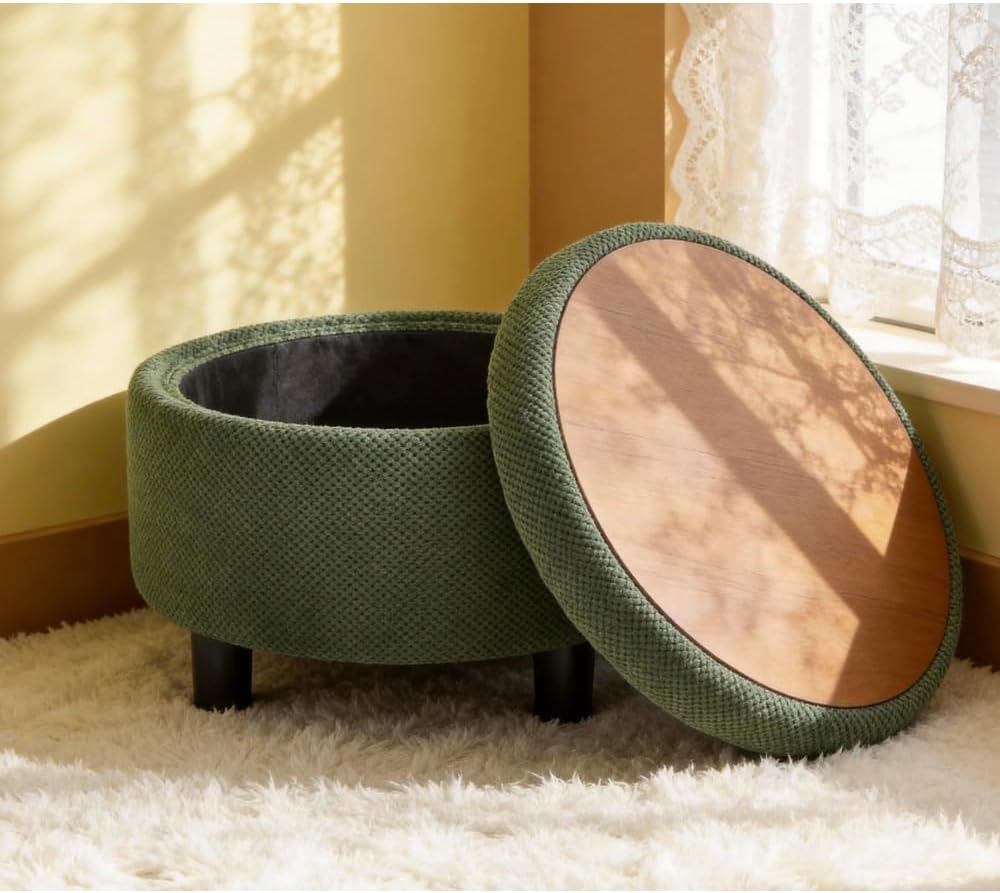 25Inch Round Storage Ottoman with Tray, ModernTufted Fabric Circle Coffee Tab...