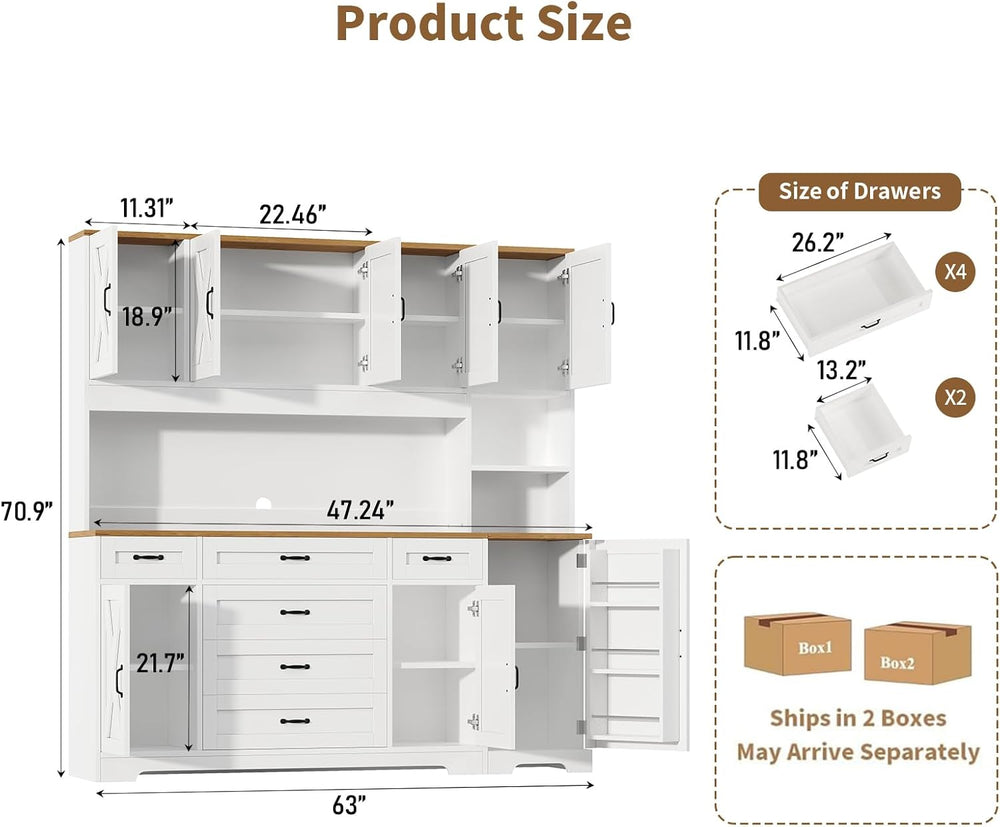 71" Farmhouse Pantry Cabinet with LED Lighting and Charging Station, Tal...