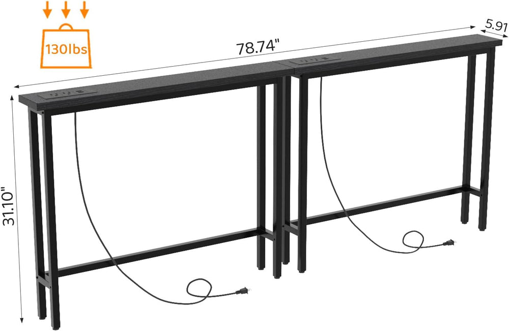 VINGLI 79" Console Table with Power Outlet, Narrow Sofa Table 2 Pack, Black