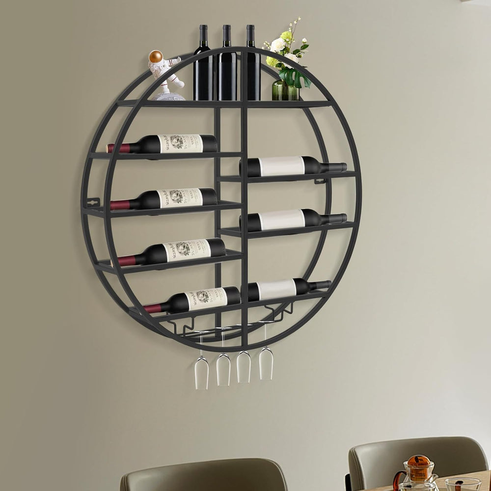 23.6 Inch Wall Mounted Wine Rack w/Glass Holder, Round Iron Wine Shelf, 7 Bot...