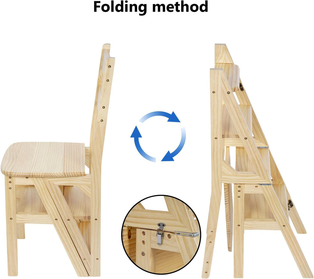 Library Ladder 4 Tier Folding Step Stool Chair 3-in-1 Multi-Functional Wood S...