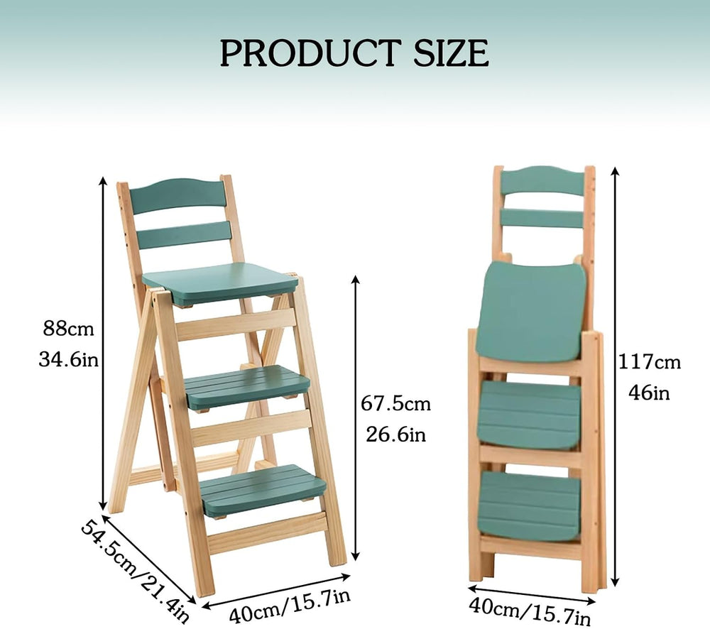 Solid Wood Folding Bar Stool Height Foldable Stool Tall Stool 3 Step Multifun...