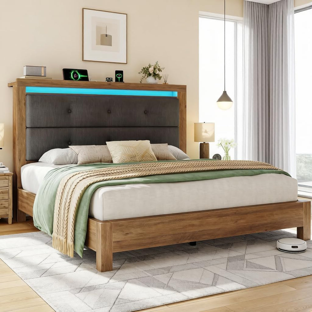 EnHomee King Size Bed Frame with Upholstered Storage Headboard,Grey