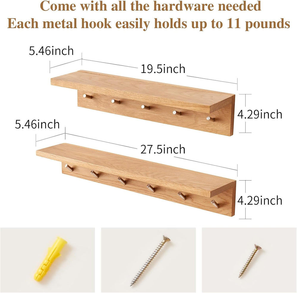 Oak Wood Coat Rack Wall Mount With Shelf 20 Inch Long, 5 Hooks, Floating Entr...