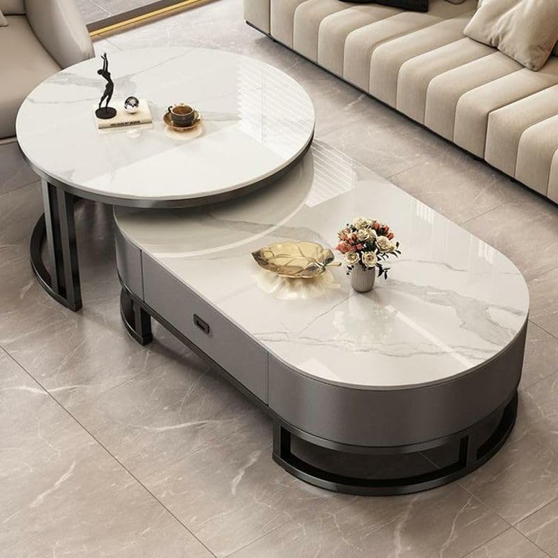LAKIQ Oval Stone Nesting Coffee Table Set of 2 Living Room Center Table with ...