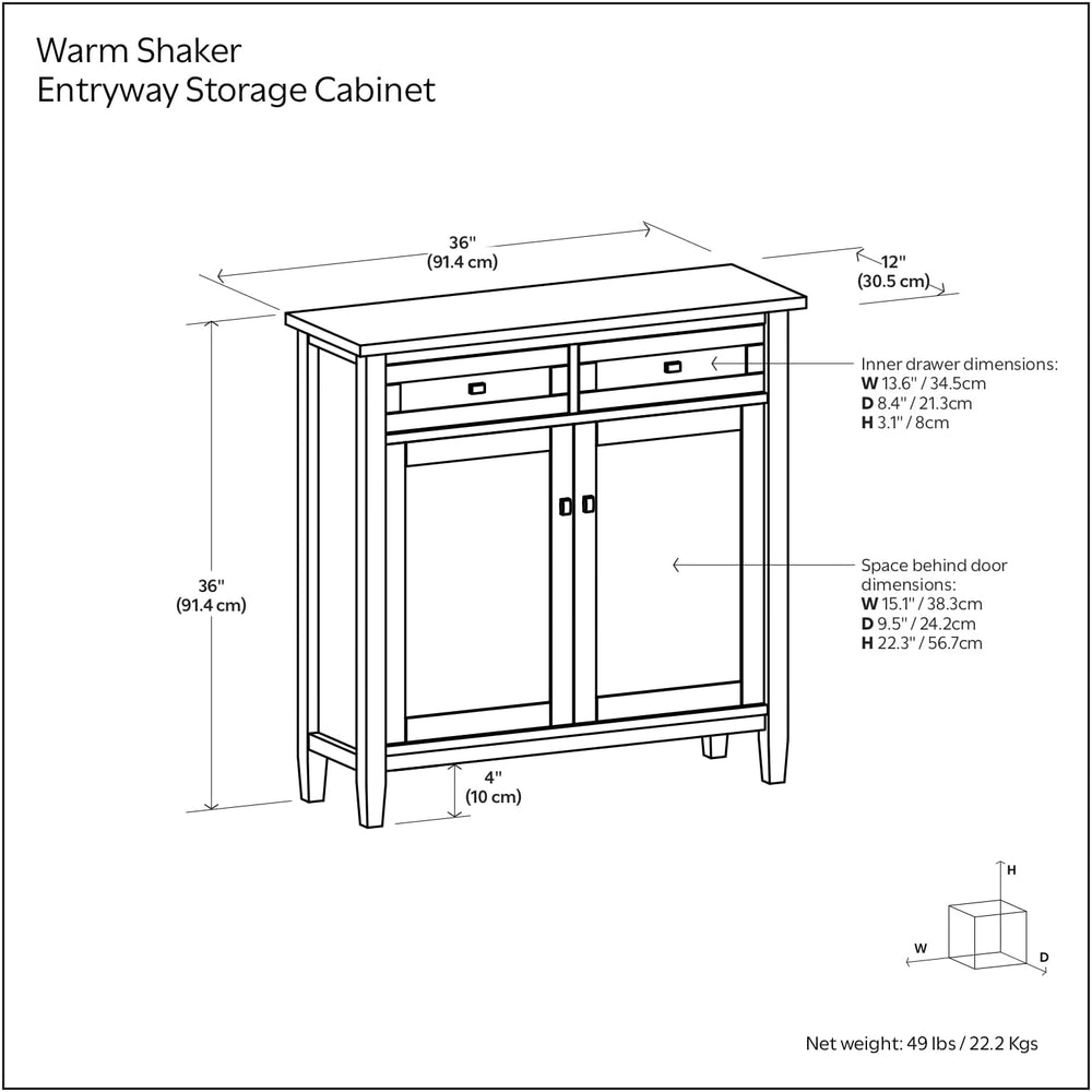 SIMPLIHOME Warm Shaker 36" Solid Wood Cabinet in Light Golden Brown