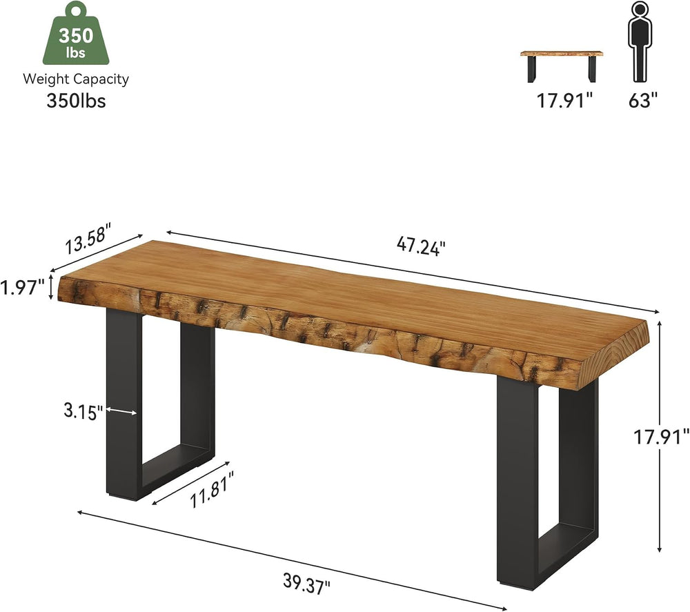 Solid Wood Dining Bench, 47'' Industrial Entryway Bench with Black Me...