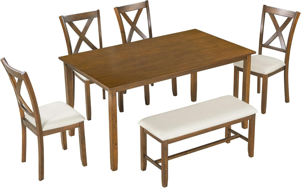 Merax 6-Piece Wooden Kitchen Dining Table Set with 4 Fabric Chairs and Bench,...