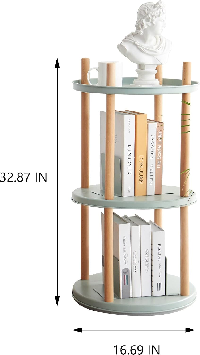 3-Tier Rotating Side Table, Round End Table with Storage Basket & Bookend...