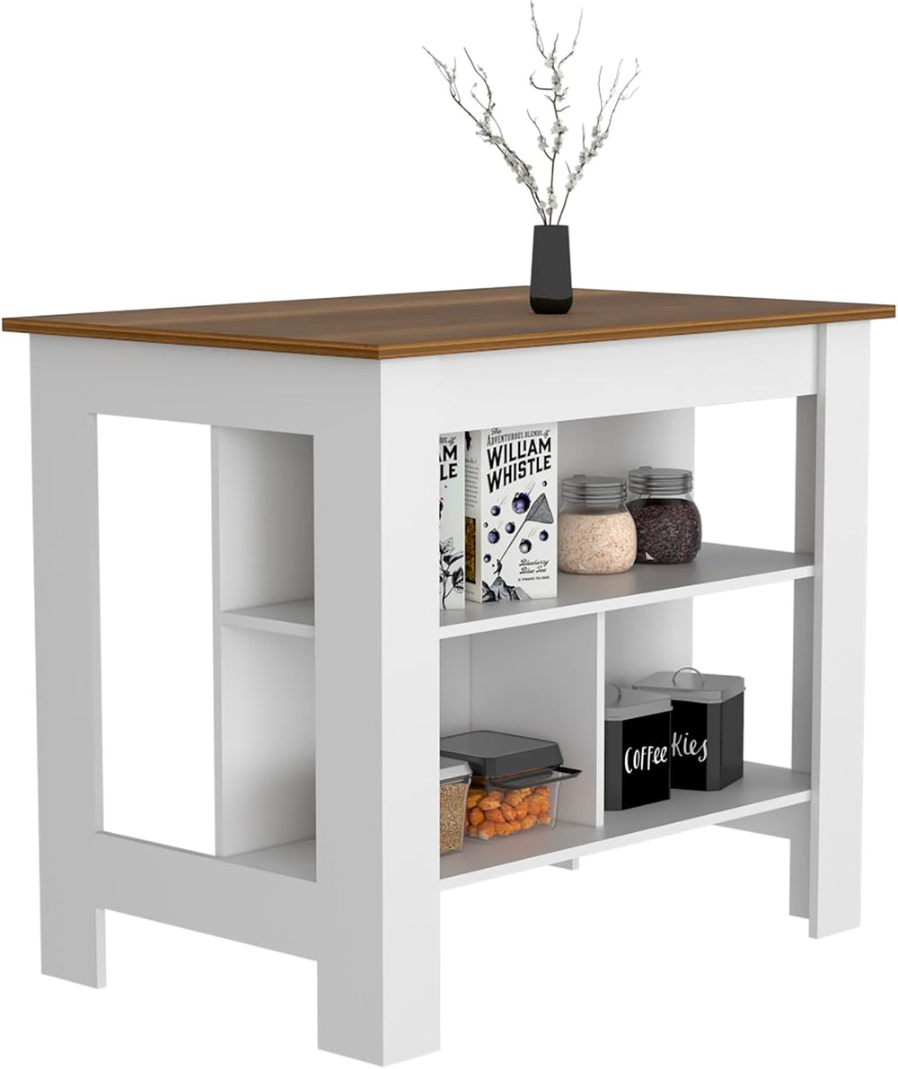 Kitchen Island with Four Legs and Three Shelves - White/Walnut | Three storag...