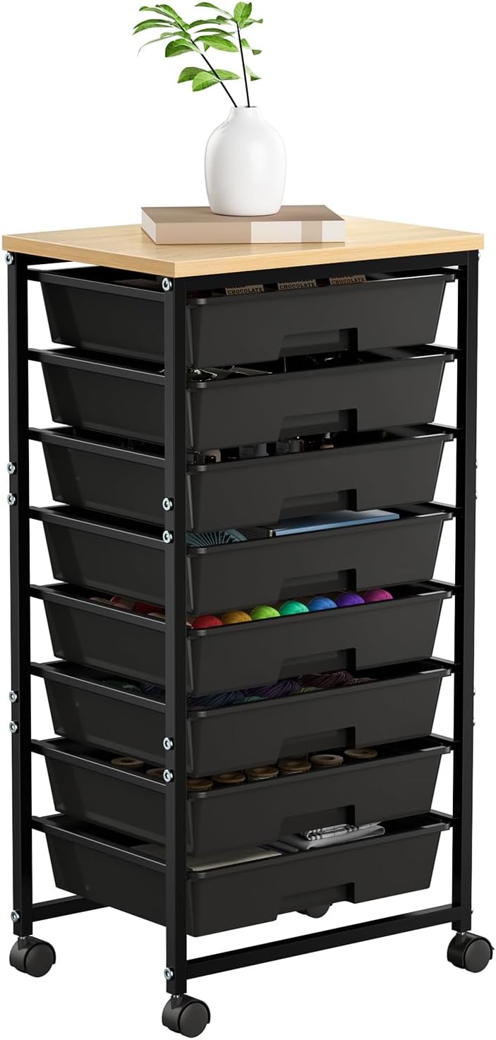 Rolling Storage Cart with 8 Drawers Wooden Tabletop, Art Craft Organizer Util...