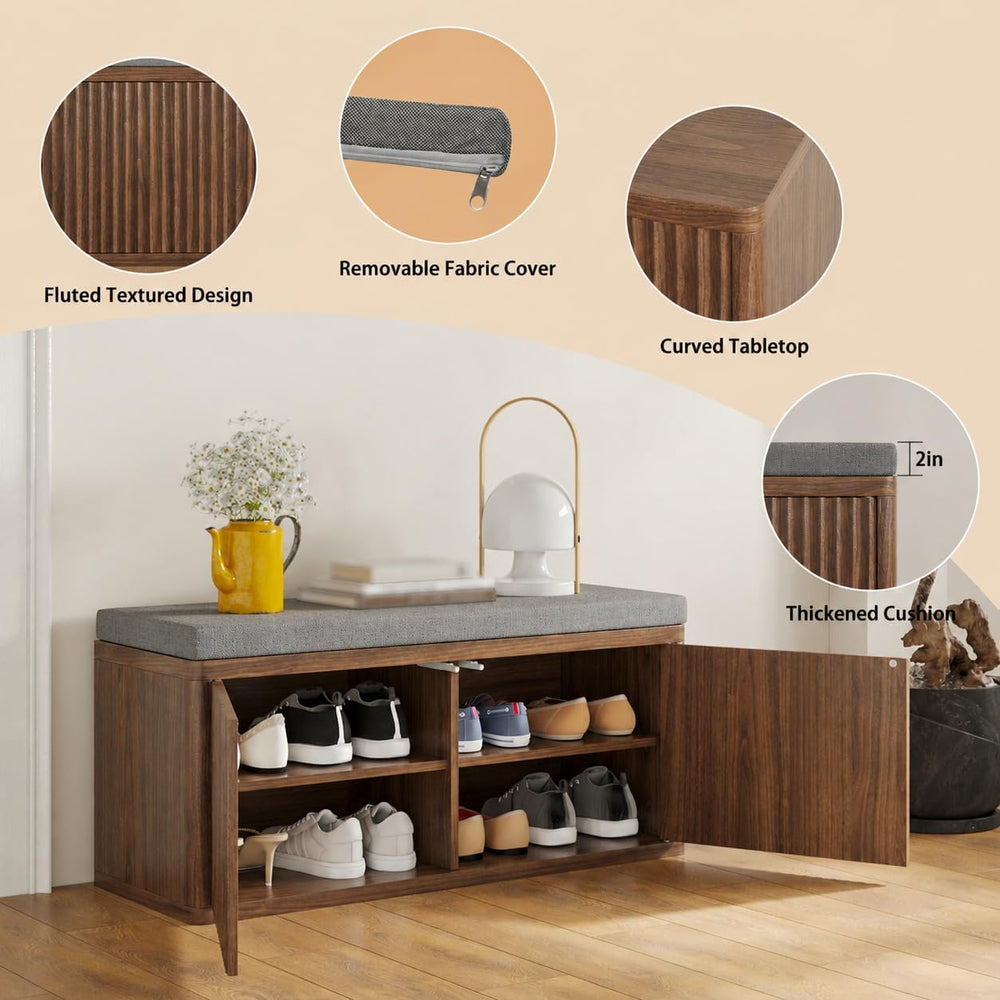 Shoe Cabinet Bench with Cushion,Double Layered Wooden Shoe Bench with Soft Cu...