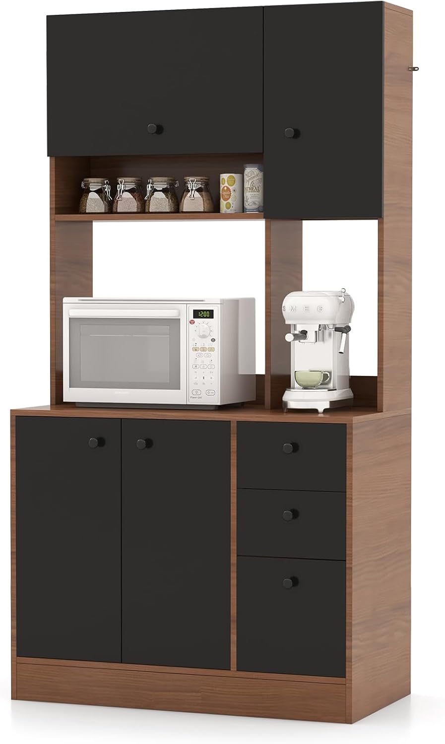 71" Large Kitchen Pantry Cabinet with Microwave Shelf, Wooden Tall Pantr...