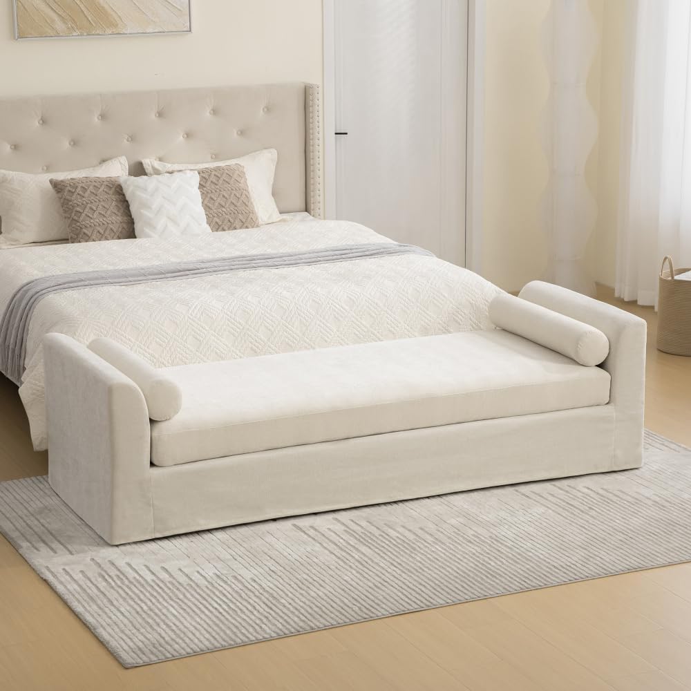 88.58" Chenille End of Bed Bench Chaise Lounge, Upholstered Bedroom Benc...