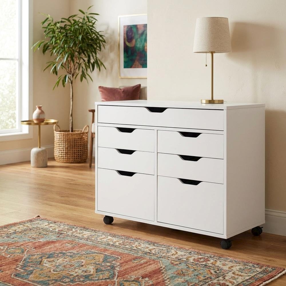 Furnifact White Storage Cabinet, Contemporary Pantry Organizer, Durable Compo...