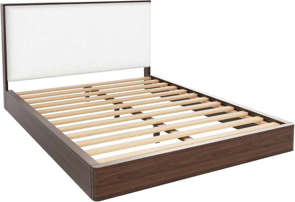 Merax Queen Platform Bed Frame with Bouclé Upholstered Headboard, Solid Wood ...