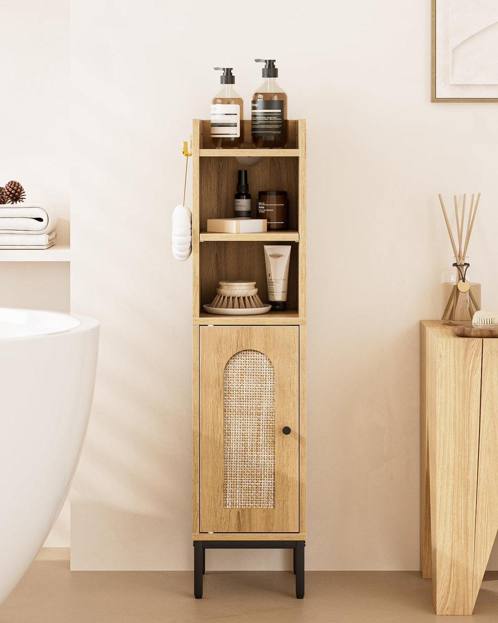 Bathroom Storage Cabinet, Small Corner Floor Hutch with 2Hooks,Narrow Toilet ...