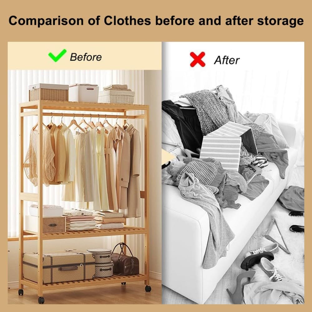 Bamboo Open Wardrobes with Wheels,Stable Clothes Rail with Rod and 2 Storage ...
