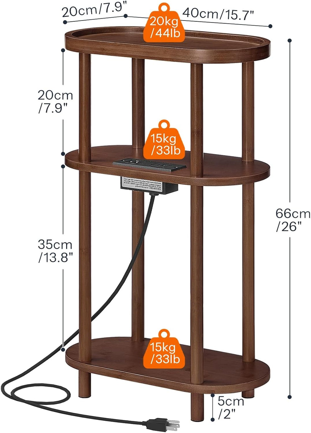 HOOBRO Small Narrow Side Table with Charging Station, 3-Tier Bamboo Narrow En...