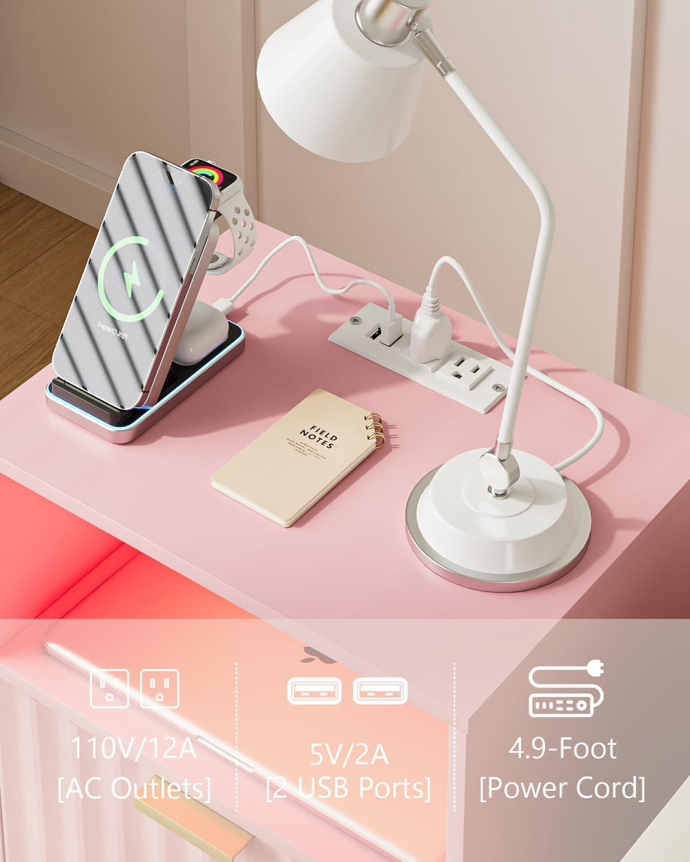 Nightstand with Charging Station and LED Lights, Modern Pink Bedside Table wi...