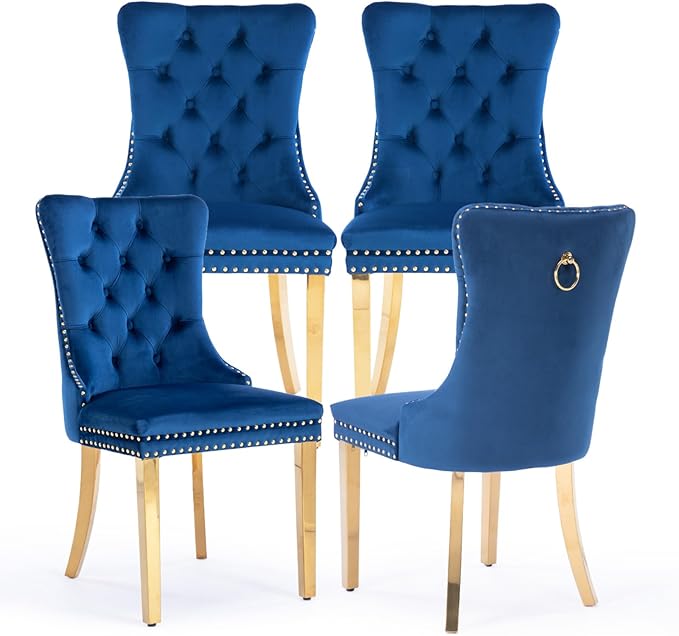 Velvet Upholstered Dining Chairs Set of 4, Modern Style Kitchen Side Chairs w...