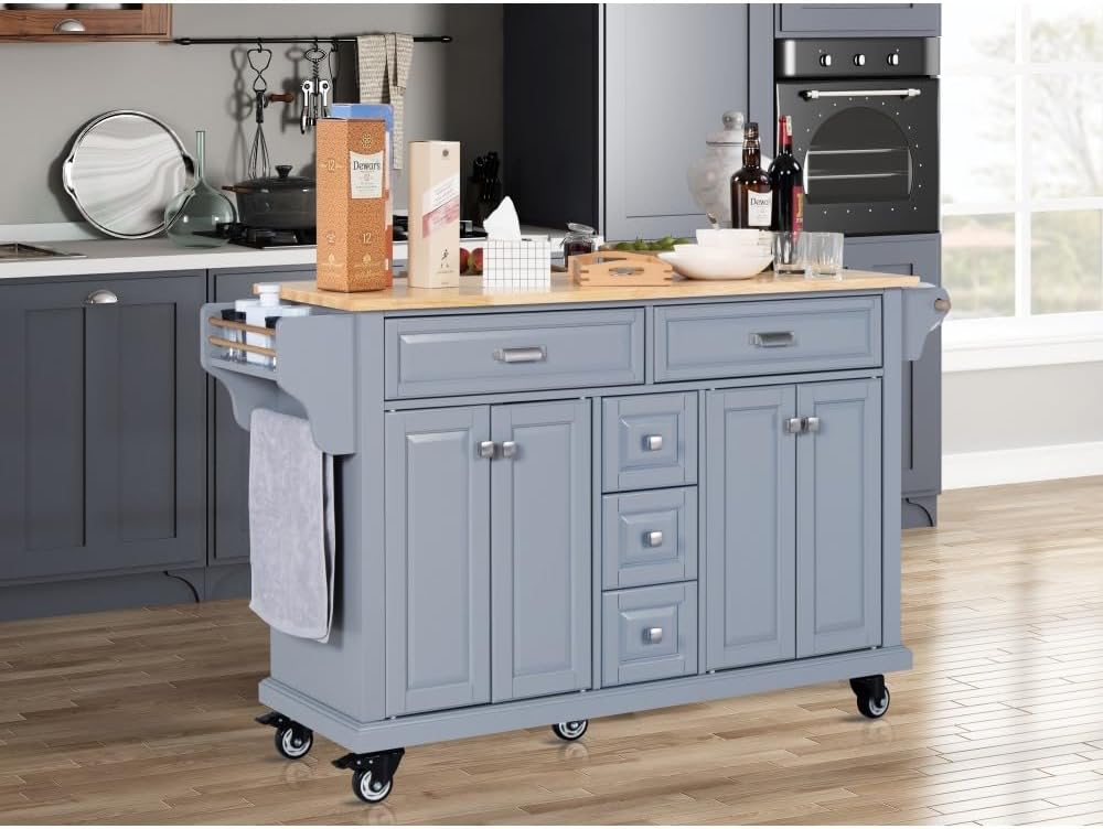 Kitchen Island with Rubberwood Top, 5 Drawers, Cabinet and Wheels, Grey | Rol...