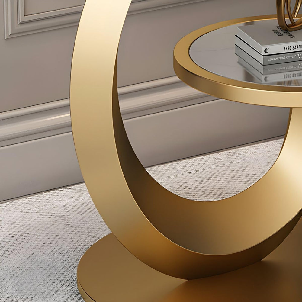 Round Stone Top Side Table with Storage Shelf - Modern End Table for Living R...