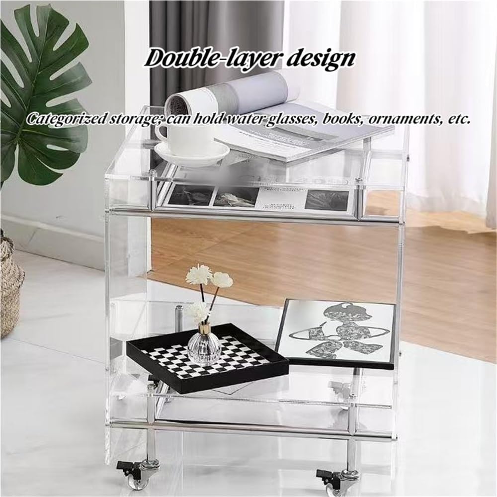 Movable Acrylic Couch Side Table, Creative Double-Layer Night Stand, Transpar...