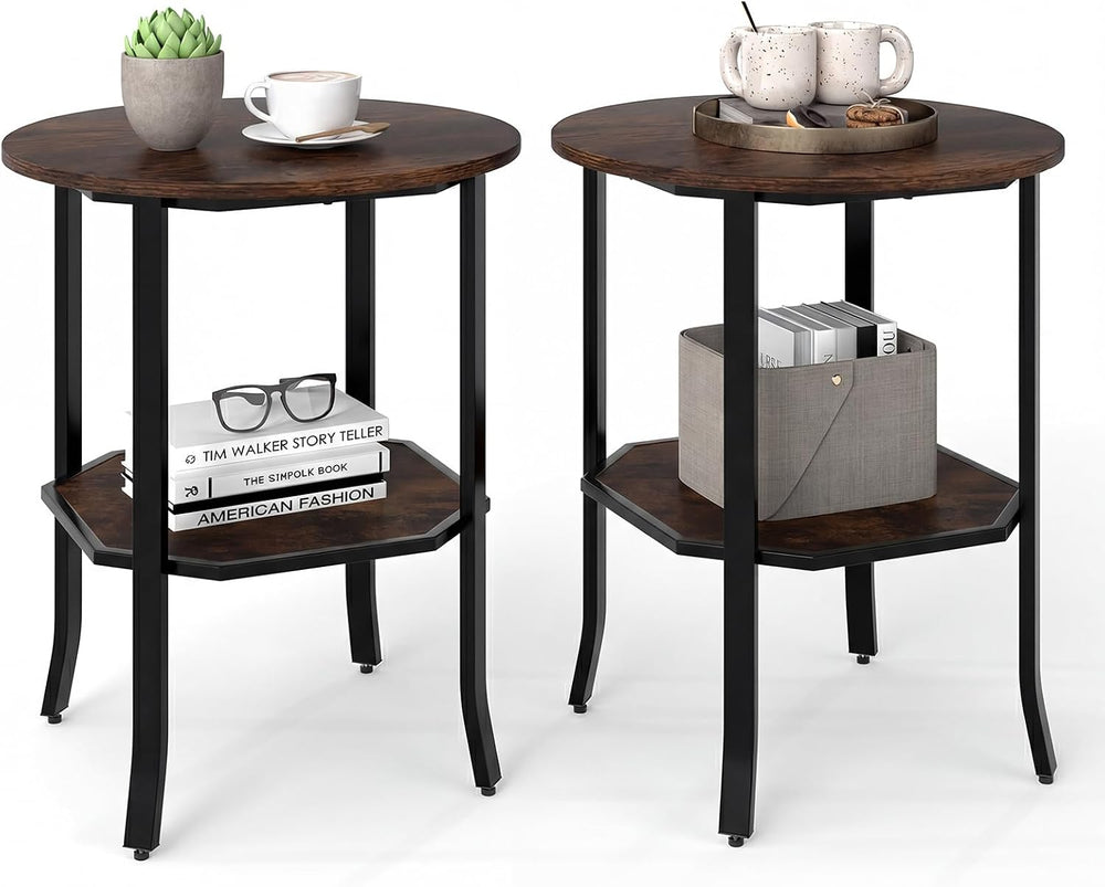 Giantex Round Side Table Set of 2, 2-Tier Small Sofa Couch End Table with Sto...