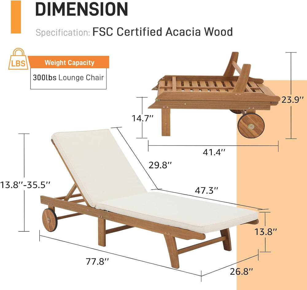 Patiorama Patio Acacia Wood Chaise Lounge Chair, Pool Chair, Cream
