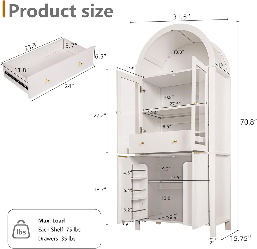 71" Tall Arched Pantry Cabinet with Adjustable Shelves, Kitchen Storage ...