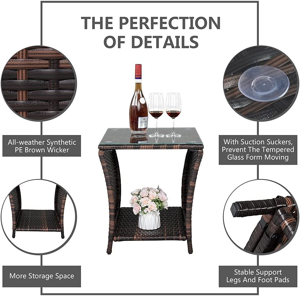VINGLI Outdoor Wicker Side Table Patio Side Tables for Outside, Tempered Glas...