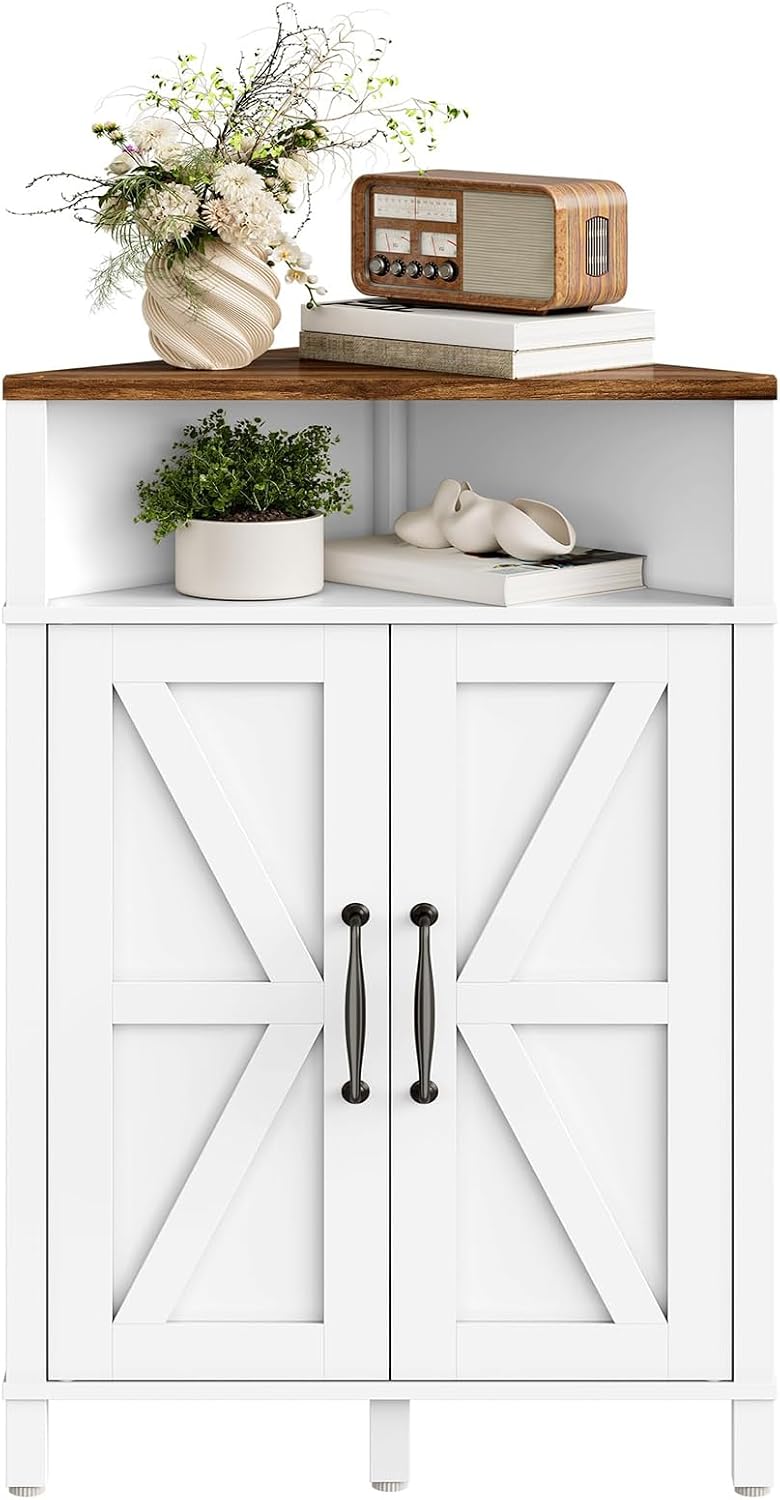 Farmhouse-Style Corner Cabinet, Corner Shelf with Open Storage, Double-Door S...
