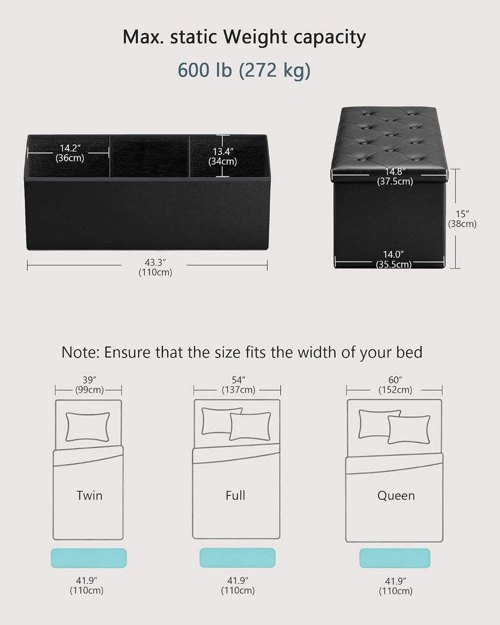 GLAXYFUR 43" Storage Ottoman Bench, Folding Ottoman with 2 Dividers, Bla...
