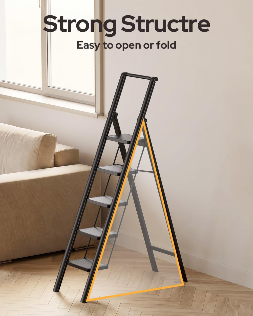 5 Step Ladder, Foldable 5 Step Stool, Black