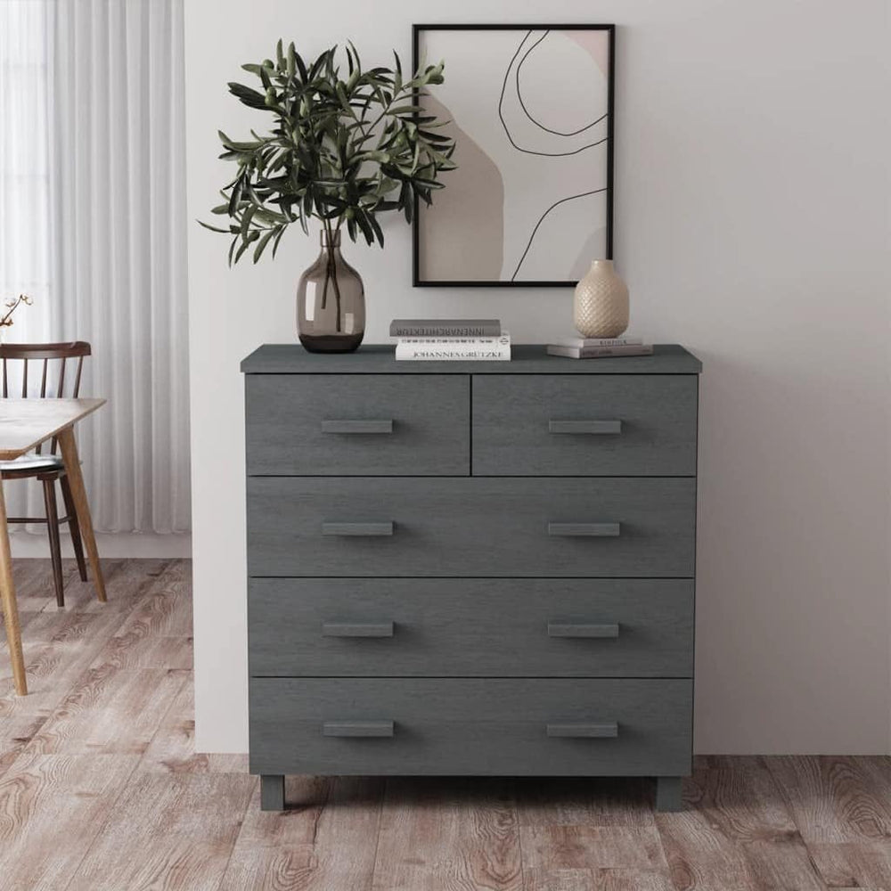 Dark Grey Solid Pine Wood Medium Sideboard with 5 Drawers, Modern Storage Cab...