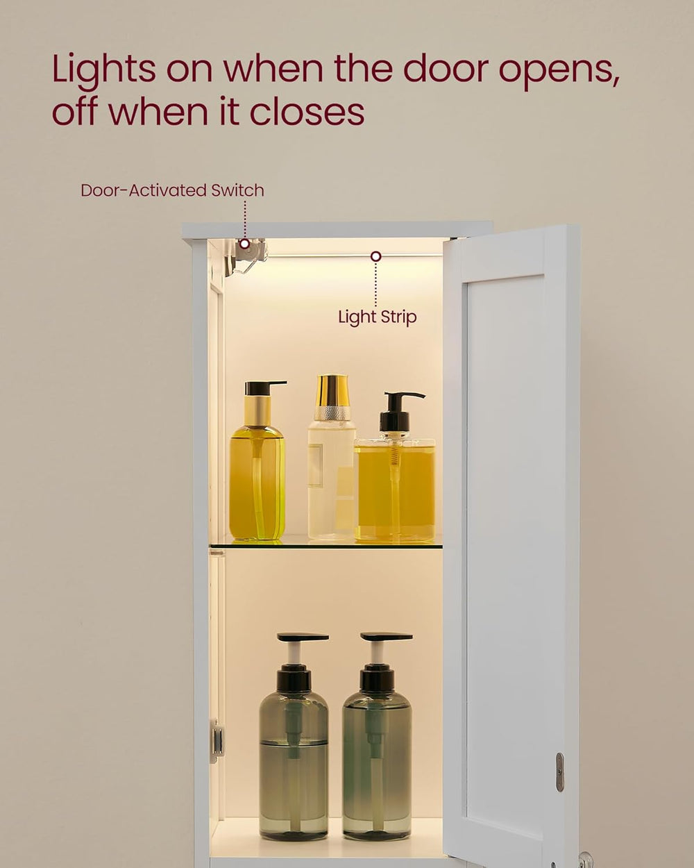 VASAGLE Tall Storage Cabinet with Lights, Slim Freestanding Cabinet with Adju...