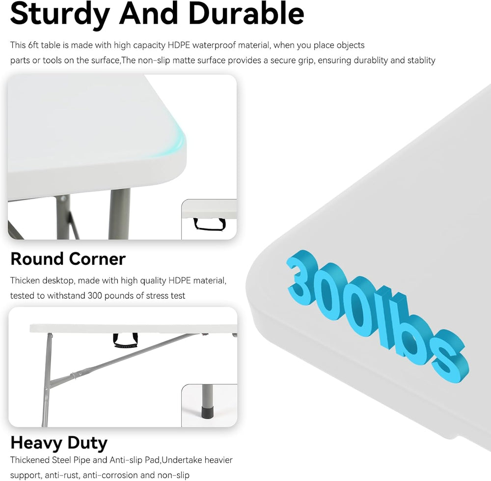 10 Pack 6FT Folding Tables, Heavy Duty, Carry Handle, White