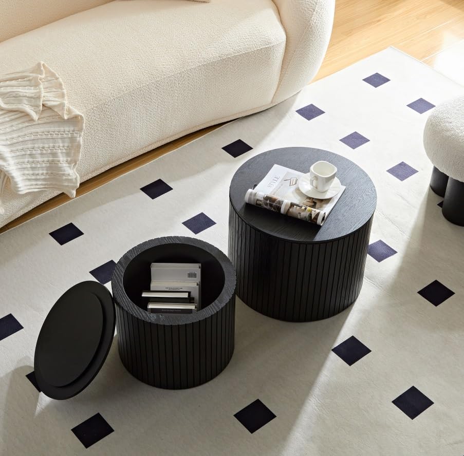 Nesting Coffee Table Set of 2,Modern Round Wooden Coffee Tables with Storage,...