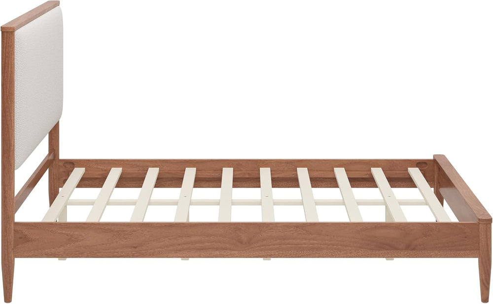 SOFTSEA Solid Wood Queen Bed Frame with Upholstered Headboard, Mid Century Mo...