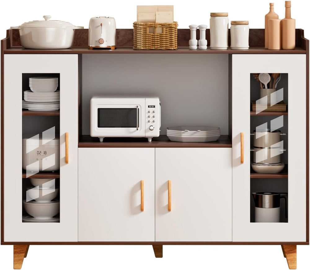 120cm Kitchen Storage Cabinet with 4 Doors & Open Shelf, Wood Grain Buffe...