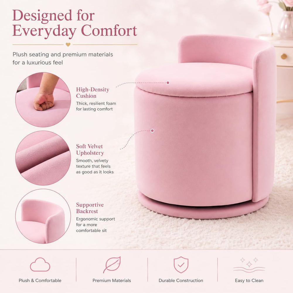 Vanity Chair with Storage and Back 360°Swivel Makeup Chair 17" D x 17&qu...