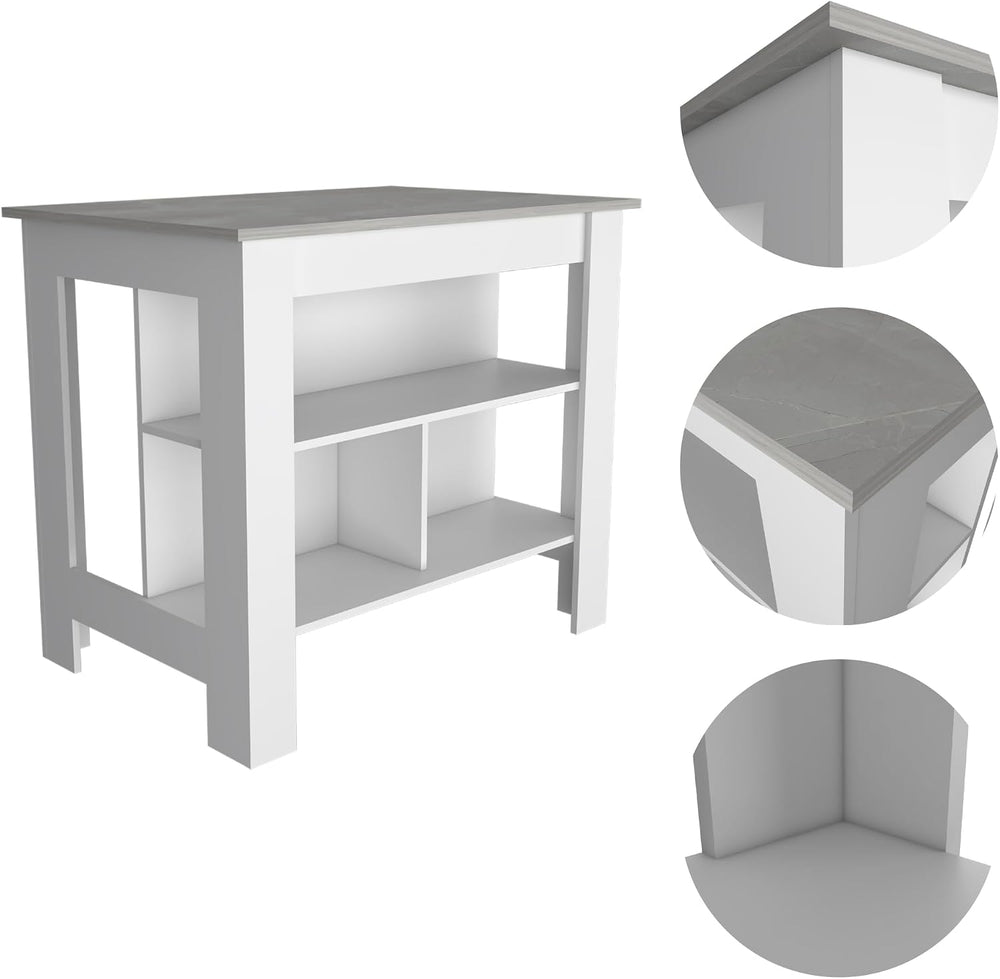 Kitchen Island with Four Legs and Three Shelves - White/Ibiza Marble | Three ...