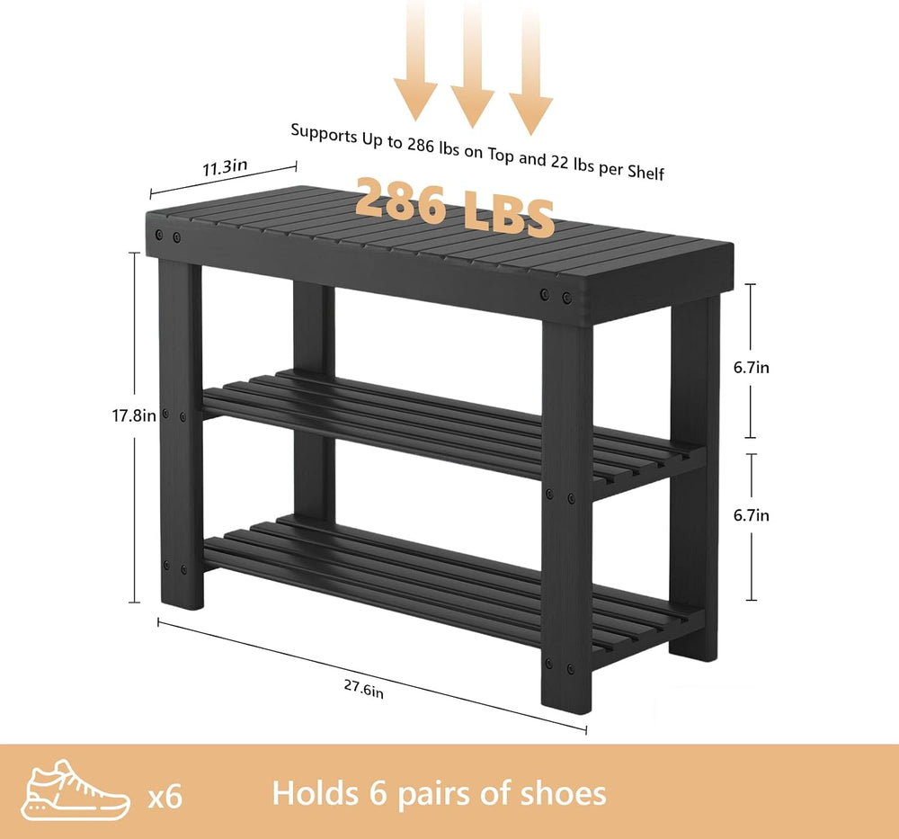 NEWBULIG Shoe Rack Bench, 3-Tier Bamboo Shoe Organizer, Wooden Entryway Stora...