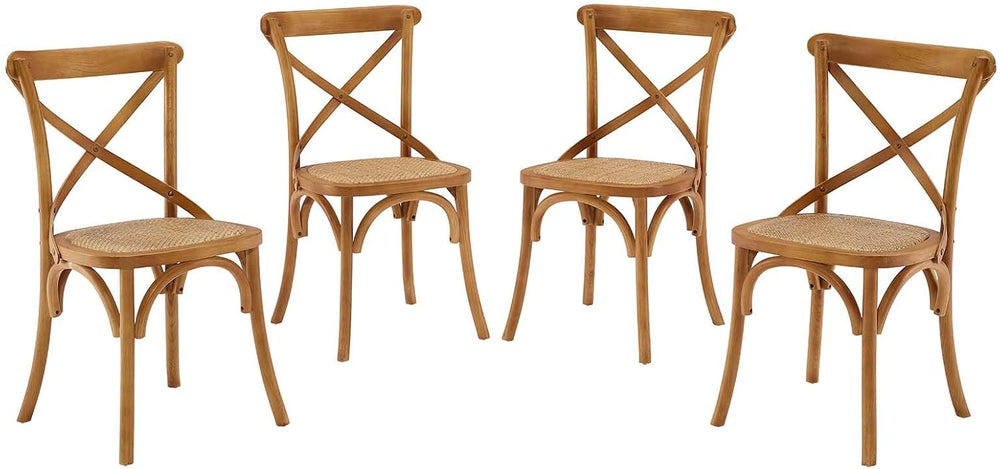 Modway Gear Rustic Modern Farmhouse Elm Wood Rattan Four Dining Chairs in Walnut