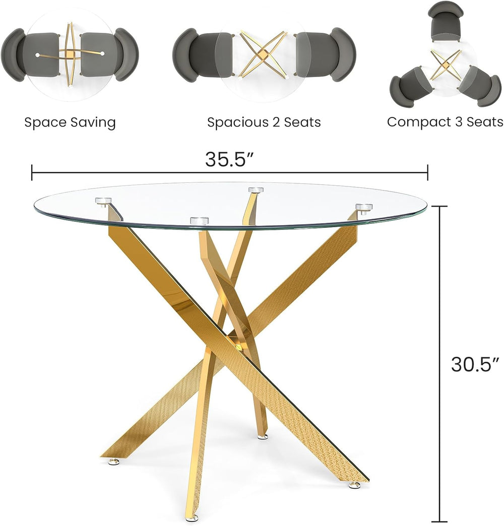 Zevemomo 35.5" Glass Dining Table for 4, Round Coffee Table with Tempere...